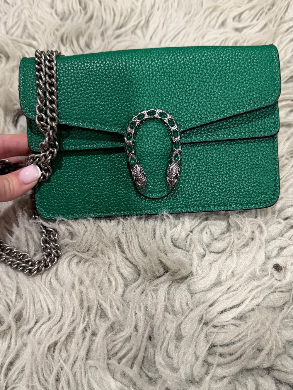 Emerald Green Chain Shoulder Bag with Silver Horsebit Detail